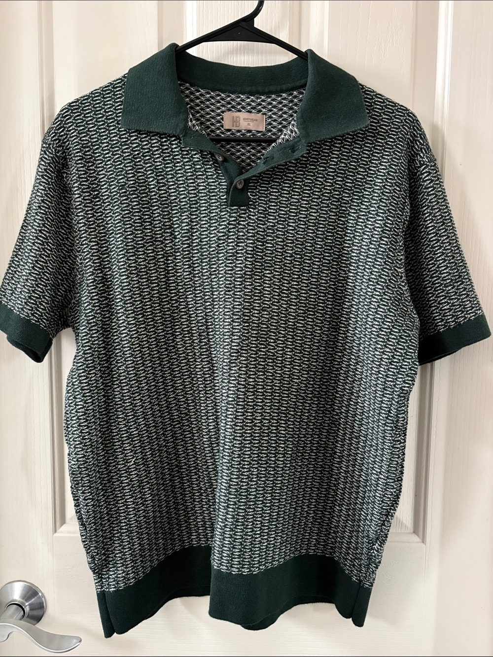 Men's Green & White Textured Knit Polo